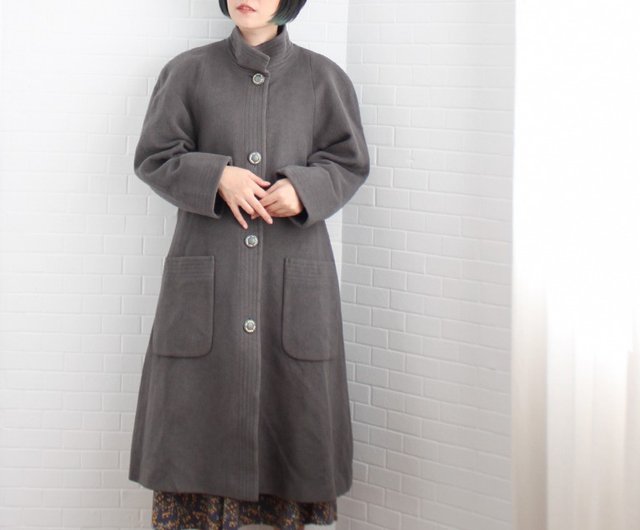 ヴィンテージ グレー カシミア ウール ロングコート デザイン OLD レトロ 秋冬日本製レトロ気質大人感グレールーズウールヴィンテージコート