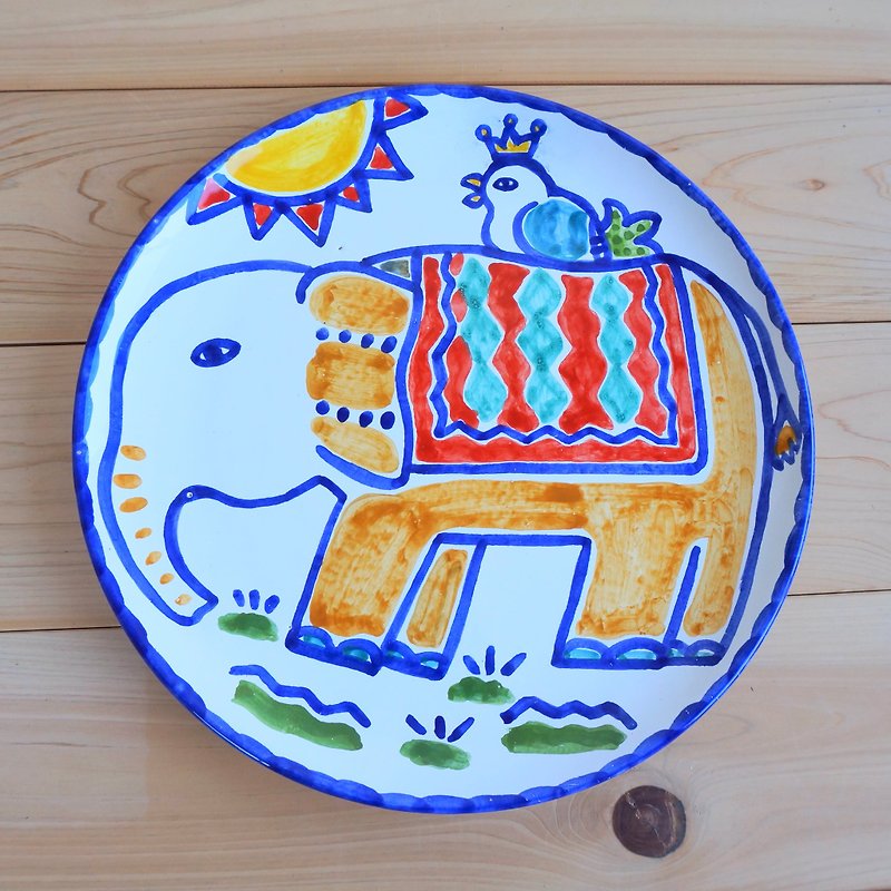 plate 26cm Italianceramic majolica elephant bird - Plates & Trays - Pottery Blue