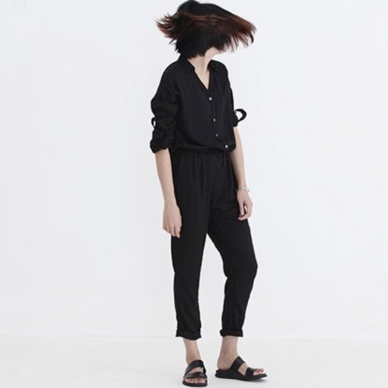 Black My Iowa copper ammonia Carlsbad shell buckle piece pants Spring and Autumn paragraph long sleeve small collar elastic waist was thin legs weapon | Fan Tata original independent design - Overalls & Jumpsuits - Silk Black