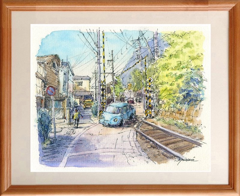 Watercolor painting Enoden railroad crossing scenery 5 - โปสเตอร์ - กระดาษ สีน้ำเงิน