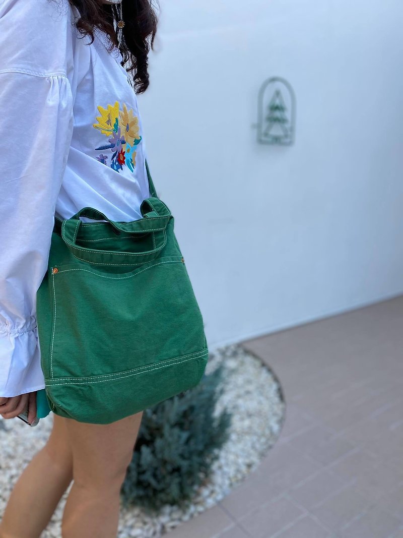 New Green Little Canvas Tote / Weekend bag / Shopping bag - 側背包/斜孭袋 - 棉．麻 綠色