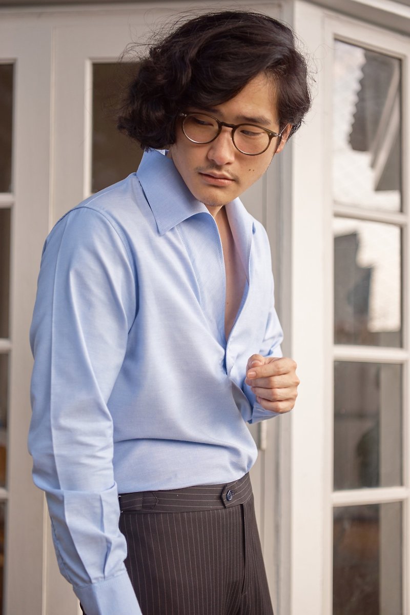 Blue - triangle polo collar shirt - เสื้อเชิ้ตผู้ชาย - ผ้าฝ้าย/ผ้าลินิน หลากหลายสี