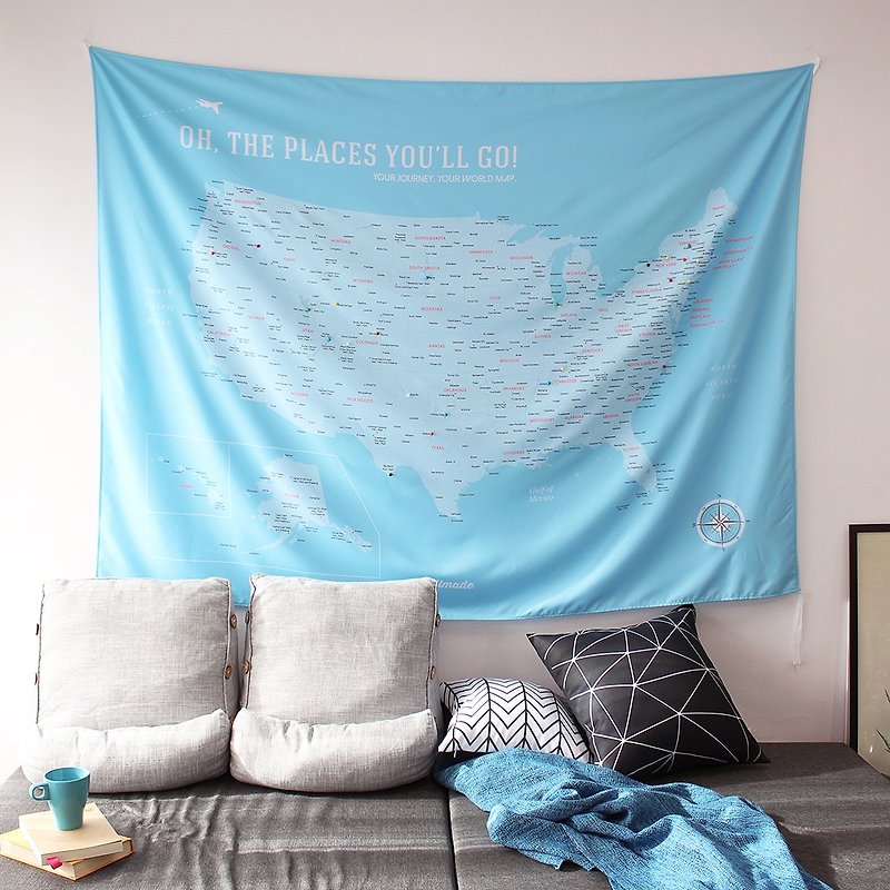 Personalized USA Map, Pin Map Travel Map-Baby Blue-Wall Decor (Fabric) - โปสเตอร์ - เส้นใยสังเคราะห์ สีน้ำเงิน
