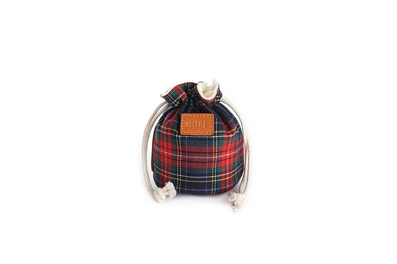 花布相機鏡頭袋 束口袋 (小) 蘇格蘭紋 - 相機袋 - 棉．麻 紅色