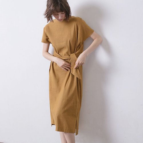 raw-ecoproject 復古寬鬆綁帶洋裝 - 芥末黃