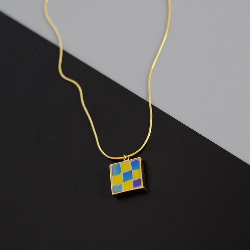 Rubik's Cube Inlay Mosaic Gold Plated Necklace 925 Sterling Silver Gold Plated Geometric Contrast Sweater Chain - Long Necklaces - Other Metals 