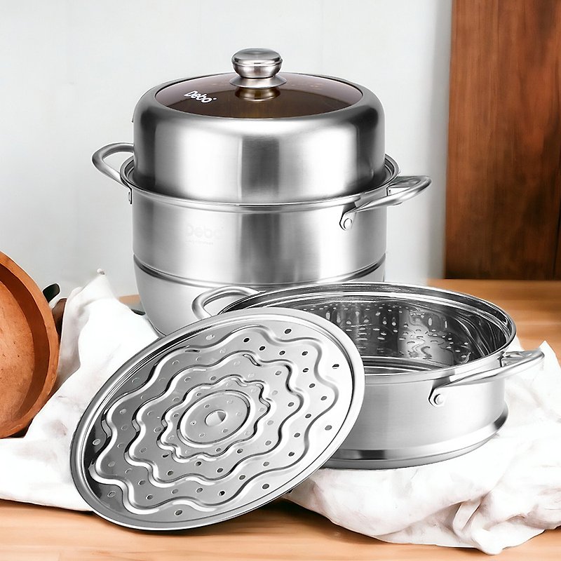 Debo Debo double-ear three-layer cooking double-bottom soup pot 304 Stainless Steel 30cm - กระทะ - สแตนเลส สีเงิน