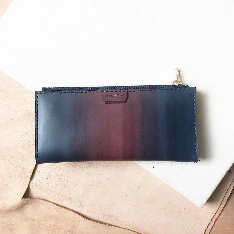Leather long clip _ 8 card layers _ 2 banknote layers _ coin purse _ raspberry gradient ink blue - Clutch Bags - Genuine Leather Blue