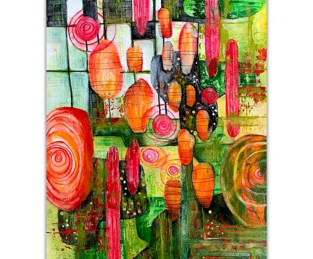 【驚きの値段で】 抽象画 カラフル オリジナルアート ルビノバによる緑と赤の 絵画