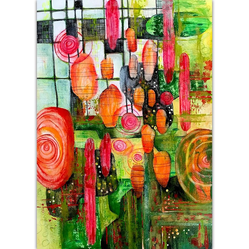 Abstract painting Colorful Original art Green red wall art by Rubinova - 海報/掛畫/掛布 - 紙 多色