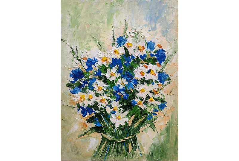 Flower Bouquet Original Painting, Daisies Wall Art, Floral Impasto Artwork..手工油畫 - 掛牆畫/海報 - 其他材質 多色