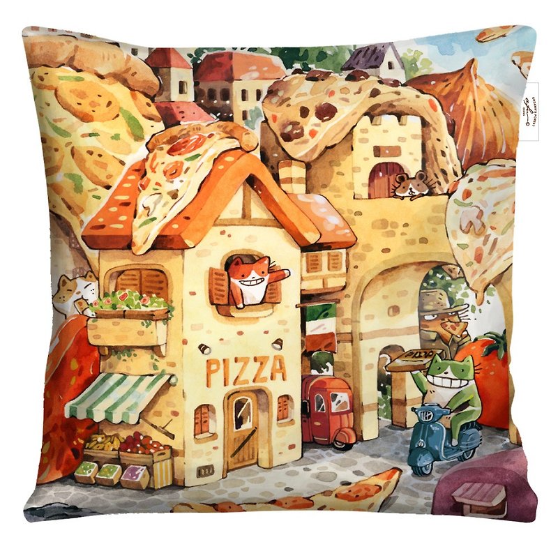 Afu Illustration Warm Heart Pillow-Happy Pizza City - Pillows & Cushions - Polyester Orange