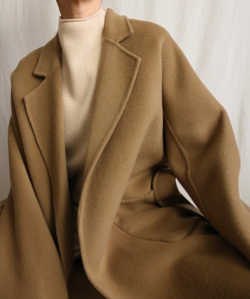 Ren Coat hand-sewn cashmere wool coat olive green - เสื้อแจ็คเก็ต - ขนแกะ 