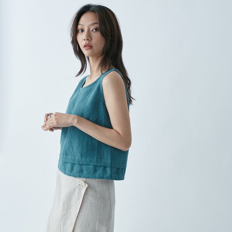 Tucked sleeveless blouse - Green - Women's Vests - Cotton & Hemp Green