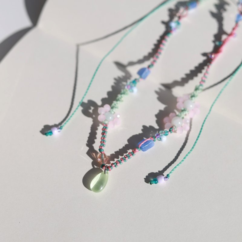 Light mint water drop flower pastel woven waxed cord choker necklace - Necklaces - Thread Multicolor