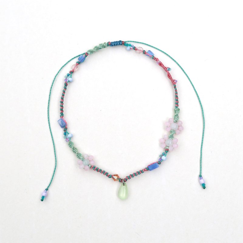 Light mint water drop flower pastel woven waxed cord choker necklace - Necklaces - Thread Multicolor