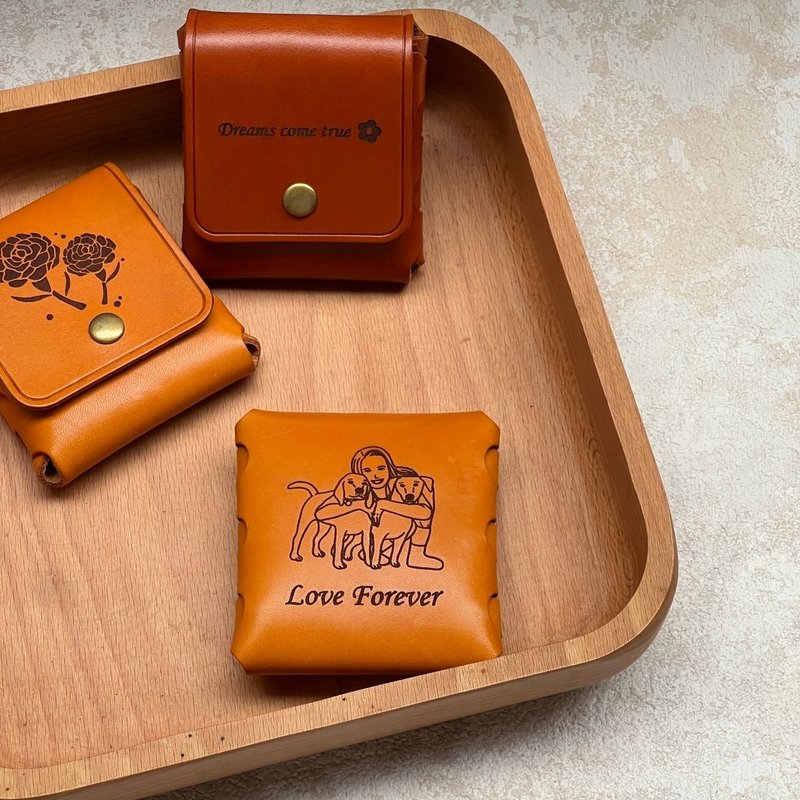 [Customization] Vegetable tanned leather small square wallet genuine leather material can be designed with images/texts as gifts - กระเป๋าใส่เหรียญ - หนังแท้ สีนำ้ตาล