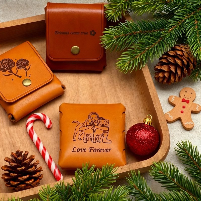 【客製化】義大利植鞣革小方錢包  雙色選擇 免費雕刻文字 - 散紙包 - 真皮 咖啡色