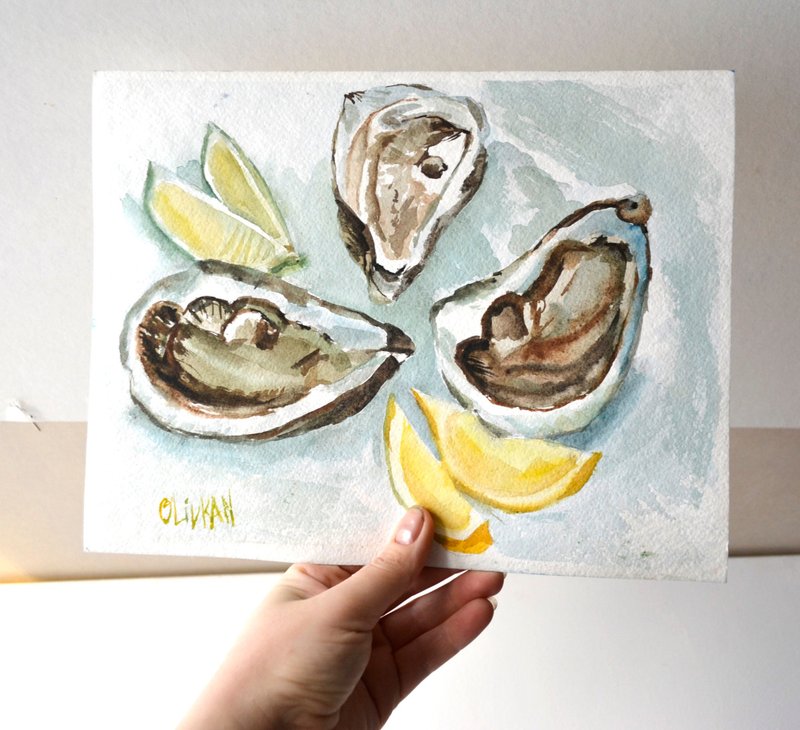 Oyster Watercolor Seafood Art Eat Painting Oyster Wall Art - 海報/掛畫/掛布 - 紙 藍色