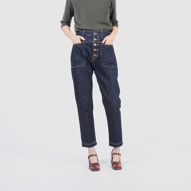 [Egg plant vintage] buckle detail vintage high waist jeans - กางเกงขายาว - ผ้าฝ้าย/ผ้าลินิน สีน้ำเงิน