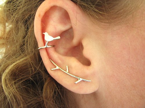 nininbrooch twig ear climber earrings, silver ear crawlers