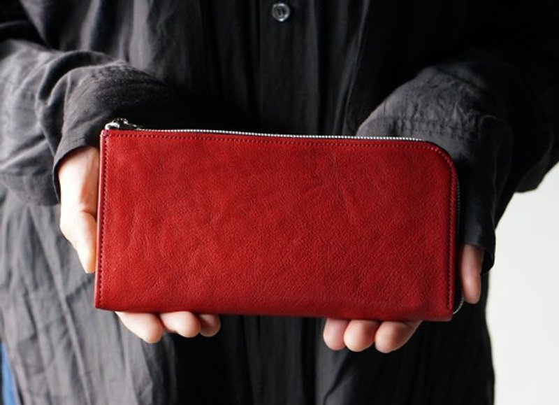 Shrink Red: Smooth medallion zipper L-shaped wallet - Wallets - Genuine Leather 