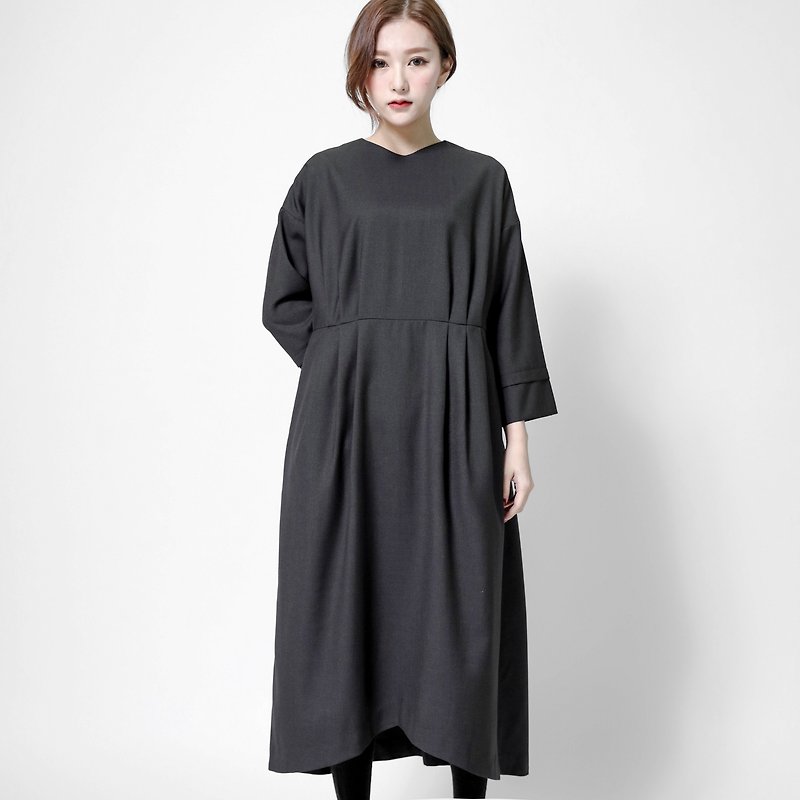 Alice Alice Fold Dress _7SF005_Dark Grey - ชุดเดรส - ผ้าฝ้าย/ผ้าลินิน สีเทา
