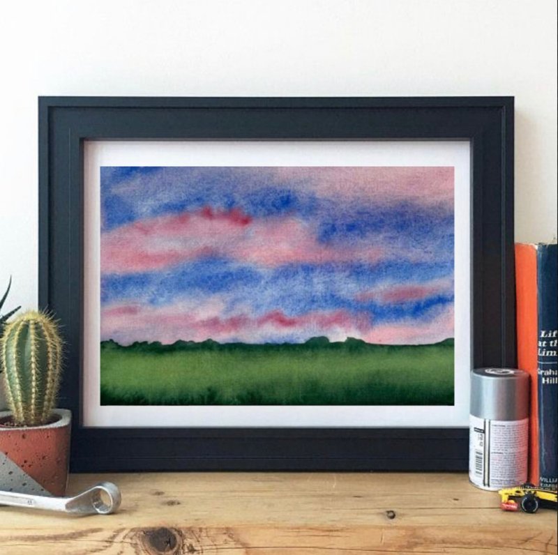 Original Watercolor Landscape Pink Sky Painting Sunset Art Sunrise Landscape - 壁貼/牆壁裝飾 - 棉．麻 多色