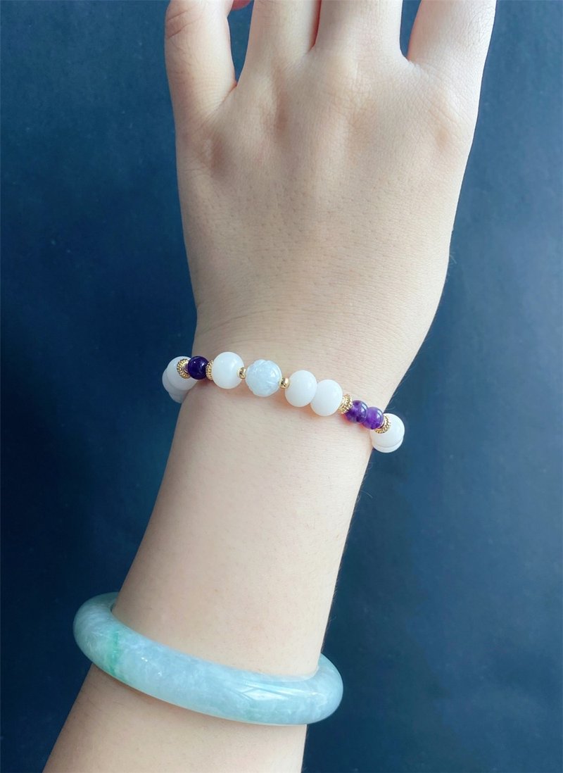 Valentine's Day White Jade Bodhi Natural Burmese Jade Jade Lotus Amethyst Increase Blessing Bracelet Wisdom - สร้อยข้อมือ - หยก สีม่วง