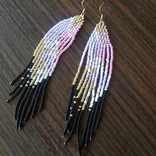 White Bird gallery of exquisite jewelry from Halyna Nalyvaiko Long fringe seed beaded boho earrings Long geometric earrings Mexican style