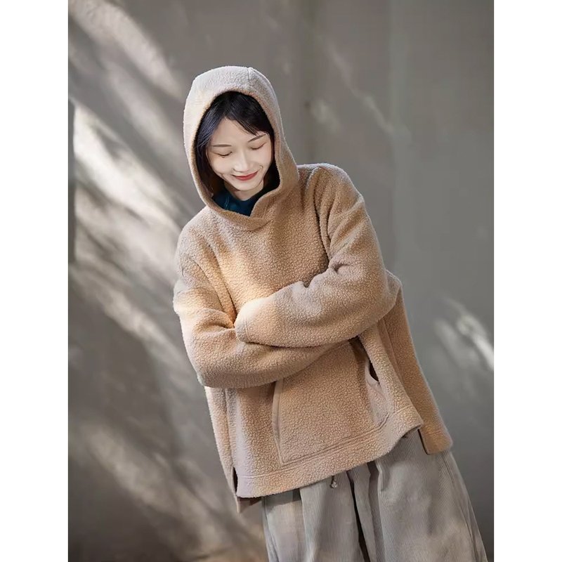 Milk camel color polar fleece warm and thick loose hooded sweatshirt - Women's Tops - Cotton & Hemp 