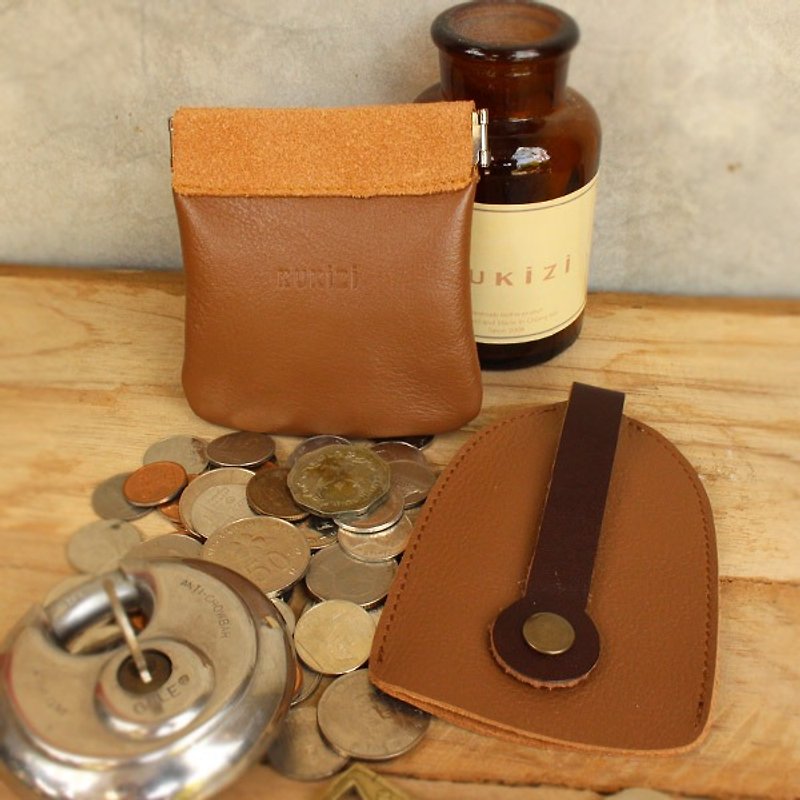 Set of Coin Bag & Key Case - Tan + Brown Strap / Cow Leather / Coin Purse - กระเป๋าใส่เหรียญ - หนังแท้ 