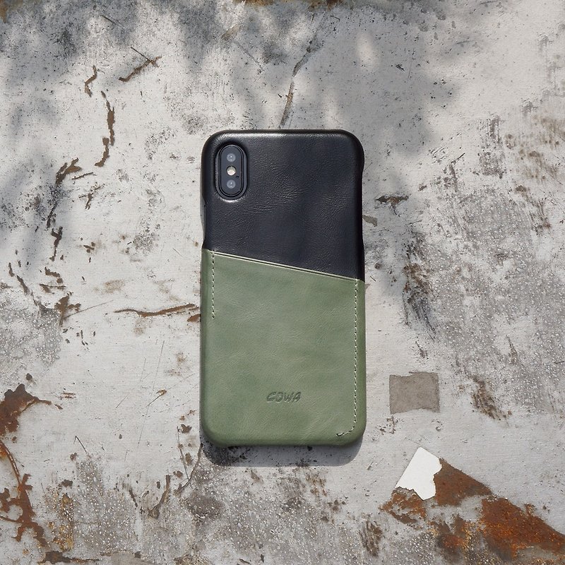 iPhone X two-tone leather phone case - black / olive green / card / - เคส/ซองมือถือ - หนังแท้ สีดำ
