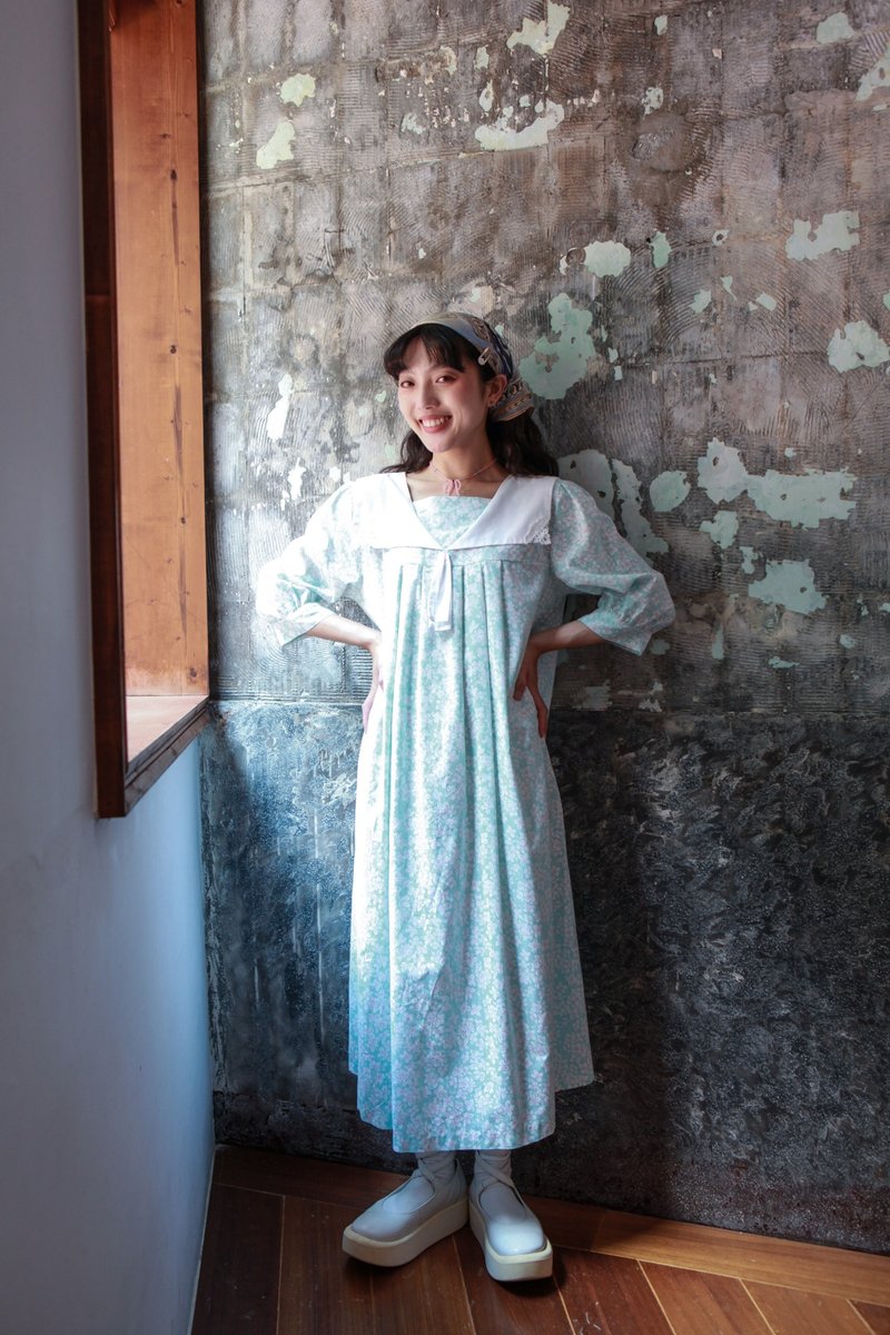 Niao Niao Department Store-Vintage aqua floral navy collar American dress - ชุดเดรส - ผ้าฝ้าย/ผ้าลินิน 