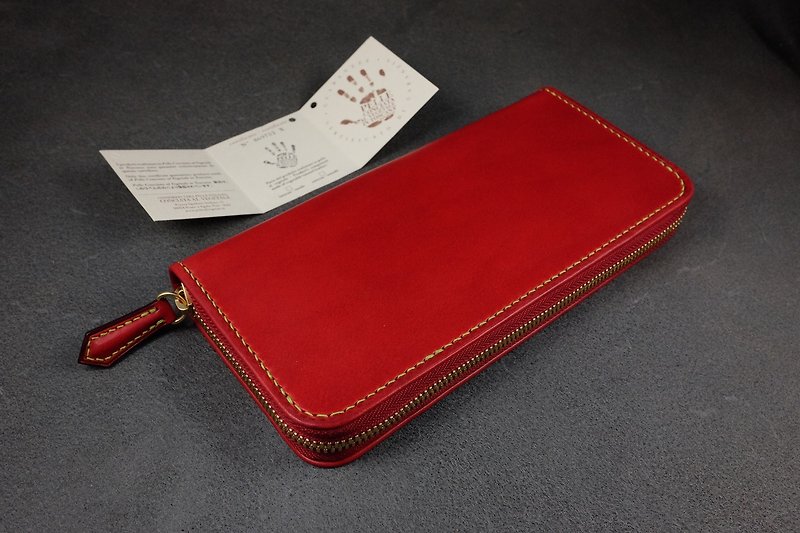 KH-Hand-wrapped zipper long clip (Italian vegetable tanned leather) - กระเป๋าสตางค์ - หนังแท้ สีแดง