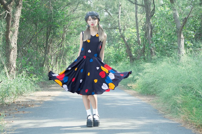 Black Fall Color Leaf Sleeveless Vintage Dress - One Piece Dresses - Polyester Black