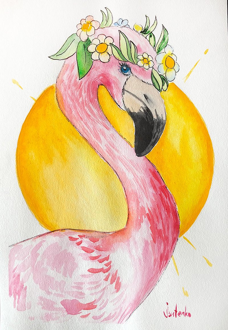 Flamingo Painting Bird Original Art Flower Watercolor Floral Artwork - 海報/掛畫/掛布 - 紙 粉紅色