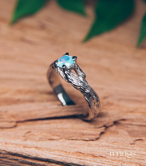 WRINGS 月光石訂婚戒指 銀色扭曲樹枝森林自然靈感圈帶