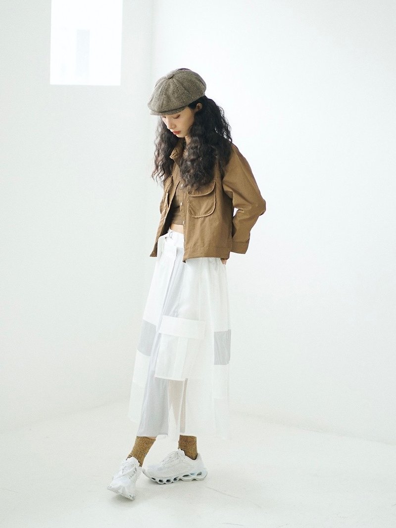 Coolstore |日系輕復古自製款拼色腰帶半身裙港風百搭_ 白灰色 - 裙子/長裙 - 其他材質 白色