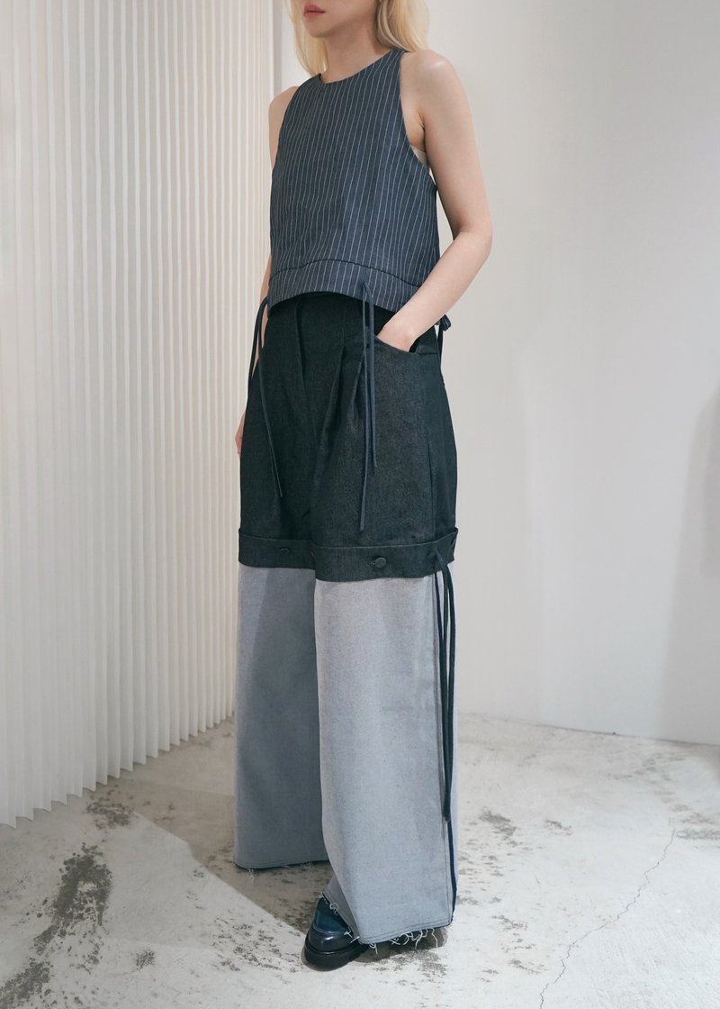 Banded wide pants/dark denim blue - กางเกงขายาว - เส้นใยสังเคราะห์ สีน้ำเงิน