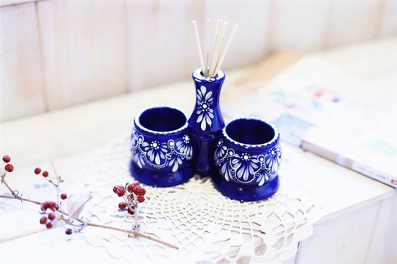 [こんにちはフェチ]オランダの手描きのビンテージ木製ダブルエッグカップ - 置物 - 木製 ブルー