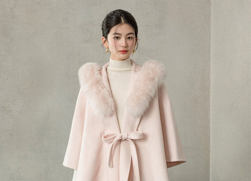 New Chinese style wool double-sided fox fur collar hooded coat - Women's Tops - Wool Pink