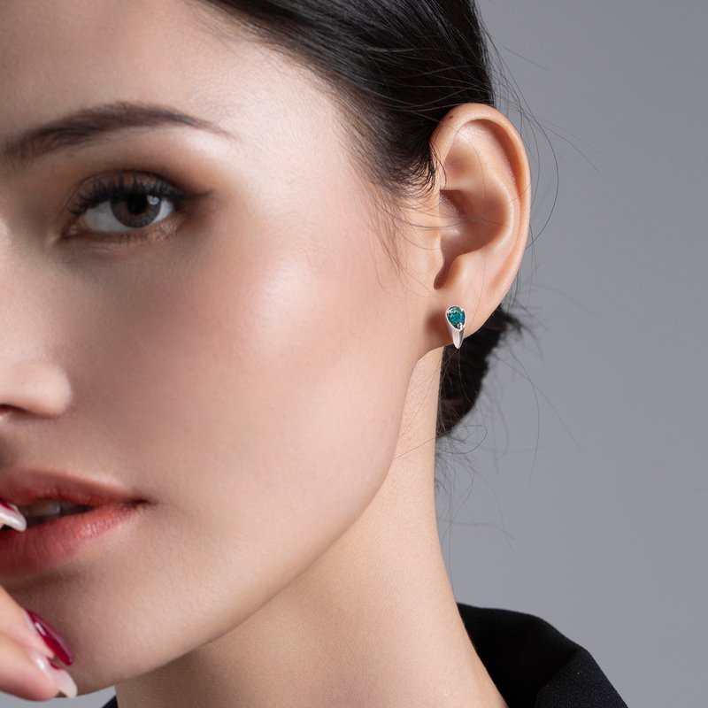 藍綠藍寶石水滴耳環-簡約梨形14k白金耳釘-疊戴穿孔耳環-生日石 - 耳環/耳夾/耳骨夾 - 貴金屬 綠色