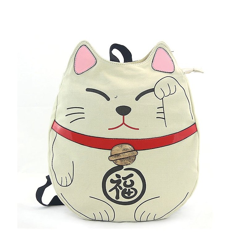 Sleepyville Critters - Lucky Cat Backpack in Canvas Material - กระเป๋าเป้สะพายหลัง - ผ้าฝ้าย/ผ้าลินิน สีกากี