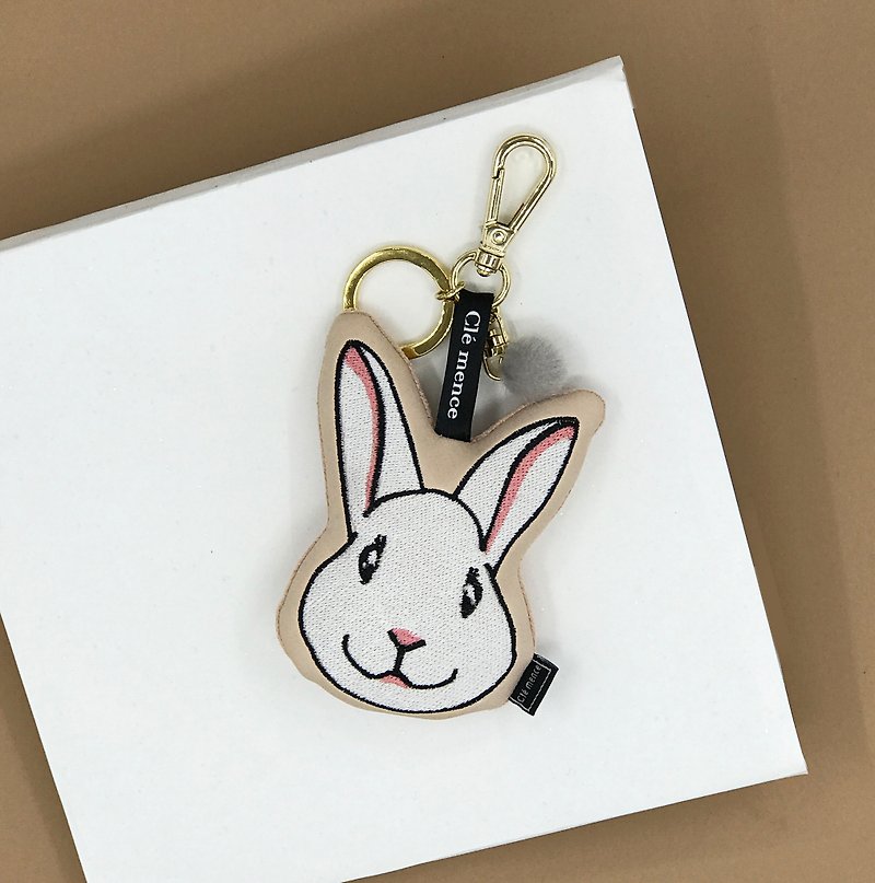 White rabbit embroidery charm key ring mobile phone wipe - Keychains - Polyester White