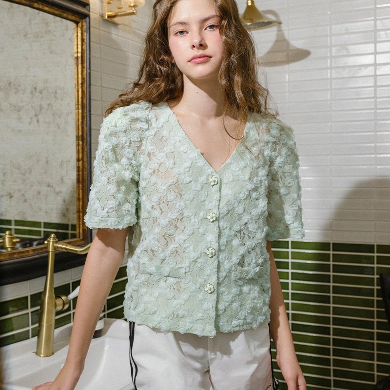 Rose Flower Lace Blouse - เสื้อผู้หญิง - โลหะ สีเขียว