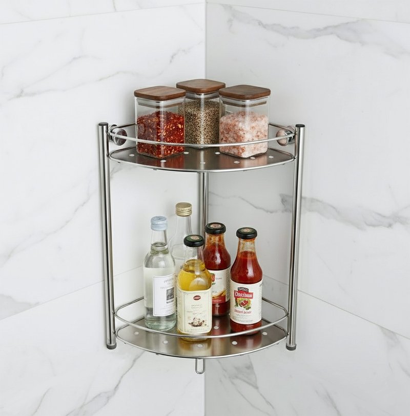 板式轉角雙層置物架　轉角架　瓶罐架　浴室架　以304不鏽鋼製成 - 層架/置物架/置物籃 - 不鏽鋼 銀色