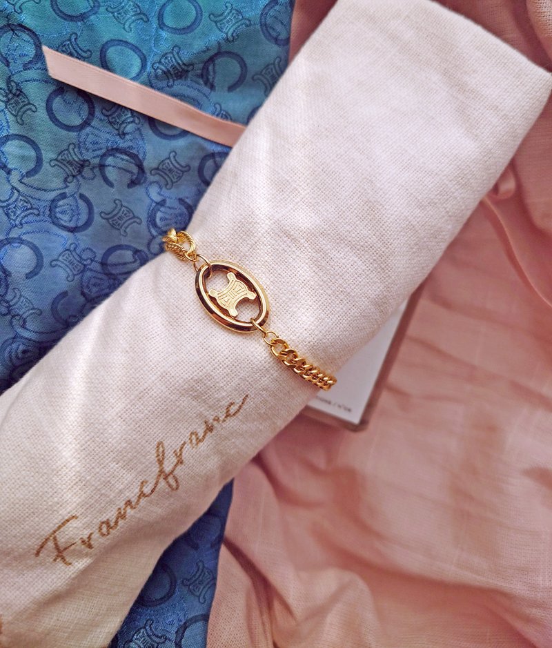 中古真品 CELINE 特別款不對稱 金凱旋門鏈條包掛件 手鍊頸鏈掛飾 - 手鍊/手環 - 其他金屬 金色