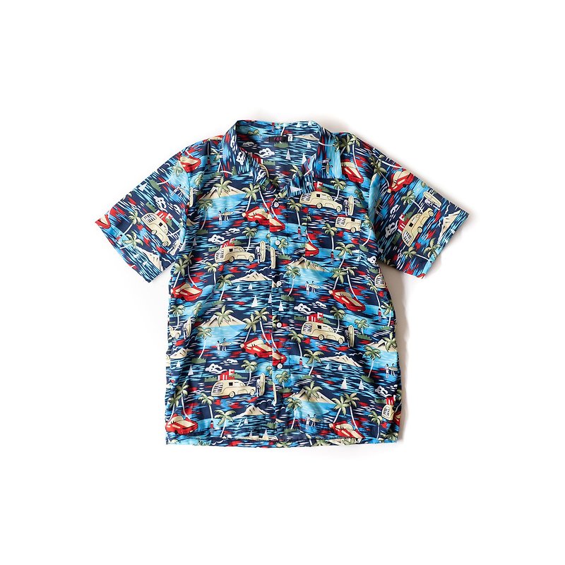 A PRANK DOLLY - 藍色衝浪小人夏威夷花襯衫 - 男襯衫/休閒襯衫 - 聚酯纖維 藍色