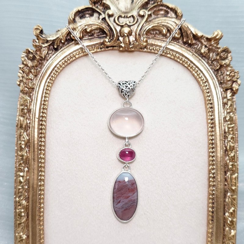 Pendant natural pink crystal ruby ​​ocean jasper 925 silver necklace Gemstone handmade - Necklaces - Gemstone 